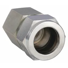 This double-ferrule steel compression fitting connects 3/4 in OD tubing to a 1/2 in FNPT port with a 1-20 thread size. It provides a leak-tight seal in hydraulic, pneumatic, and instrumentation systems. Compatible with Parker A-LOK fitting brands.