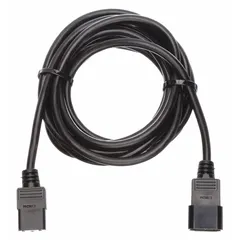 This 15-foot power cord features a C14 plug and C13 receptacle, suitable for connecting electronic equipment to power sources. The cord has a PVC jacket and SJT rating, with a 3/18 conductor size and 10 A current capacity. It is commonly used in data centers, server rooms, and industrial settings for devices such as computers and networking gear.