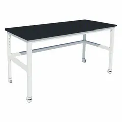 Adjustable-height lab table with phenolic countertop in Petal White and steel base. Height range 30 to 36 inches. Equipped with vibration isolating locking swivel casters for mobility and stability. Suitable for laboratory, clean room, and technical workstation applications.