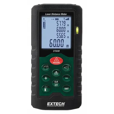 EXTECH Laser Distance Meter: Inch/Metric, 2 in – 196 ft, ± 0.08 in, AAA, Rubber - Indoor-Outdoor Laser Distance Meters