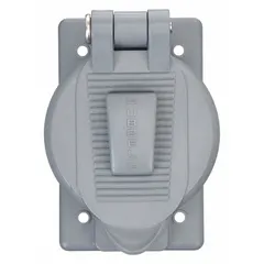 Gray thermoplastic weatherproof cover for single-gang vertical duplex receptacles. Protects outdoor or damp-location outlets from rain, dust, and debris while allowing cord access. Suitable for residential, commercial, and industrial exterior power outlets.