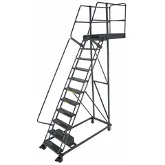 This unsupported cantilever ladder provides a 9.2 ft platform height for accessing elevated work areas. Constructed of steel with a gray finish, it includes double handrails and locking casters for stability. Supplied unassembled, it is suitable for industrial and warehouse tasks such as stock picking and maintenance.