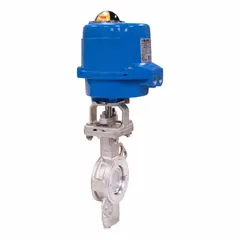 This BONOMI electric butterfly valve features a stainless steel disc and FKM seals for corrosion resistance and tight shut-off. It is a wafer-style valve with a 2-inch pipe size, operating on 24V AC/DC power with manual input control signal. Suitable for on/off or modulating flow control of liquids and gases in industrial piping systems.