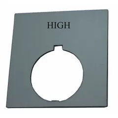 Rectangular non-metallic legend plate for 30 mm panel mounting. Overall height 4 in, overall width 4 in. Black base with white English text and notch, high profile. Used to label push-button controls on industrial panels.
