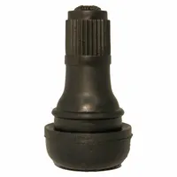 Snap-in tire valve stem with L-shape and 180° valve stem angle for easy inflation access on automobile wheels. Constructed from black rubber with standard bore size and 0.305-32 thread. Suitable for maintaining tire pressure in passenger vehicles