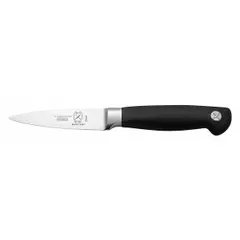 This paring knife features a forged steel blade with a taper ground edge for precise cutting. The black Santoprene handle provides a secure grip. Overall length is 3 1/2 inches. NSF certified. Suitable for peeling, trimming, and other detailed cutting tasks in food preparation.