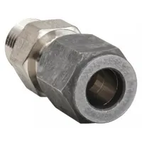 This PARKER Ferulok series adapter connects 3/8 in OD tubing to 3/8 in pipe using a flareless bite-type compression mechanism. Made of stainless steel with a 3/4-16 thread, it is suited for industrial fluid systems requiring leak-resistant tube connections
