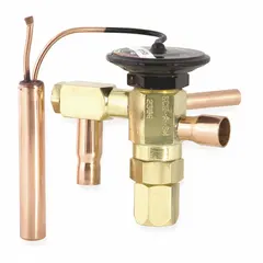 Angle-configured thermostatic expansion valve for R-404A refrigerant systems. Nominal capacity of 2 tons with field-adjustable superheat. Includes removable strainer and sensing bulb mounting clamp. Used to regulate refrigerant flow into evaporators in commercial and industrial refrigeration applications.