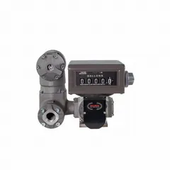 Positive displacement flowmeter with mechanical display for fuel transfer applications. Measures flow in gallons with +/-0.5% accuracy. Anodized aluminum housing. Suitable for use with fuel transfer pumps in industrial, commercial, and agricultural settings.