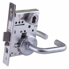 This BEST office lever lockset features a satin chromium-plated stainless steel finish and is ADA compliant. It includes an interchangeable core for quick rekeying and is suited for commercial interior doors requiring lever operation.