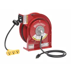 Self-retracting cord reel with 45 ft of 12 AWG SJEOOW cable. Feeder cord ends in NEMA 5-15P plug; retractable cord ends in NEMA 5-15R connector. Ratchet lock holds cord at desired length. Suitable for managing power cords in workshops, garages, and maintenance areas.
