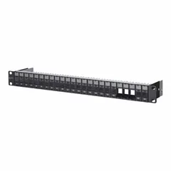 This module frame is an unequipped 24-port rack-mount housing for Coax Module IEC connectors. The black ABS enclosure supports custom configuration in structured cabling systems for voice and data networks. Connectors are not included.