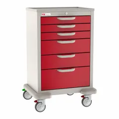 Steel cart with taupe cabinet and red drawers, configured with two swivel casters and two swivel casters with brakes. Used in healthcare facilities to organize and transport medical supplies, instruments, and medications.