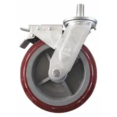 This swivel caster with brake is an accessory for drum trucks. It has an overall height of 11 1/4 inches and dimensions of 11 1/4 in H x 2 in W x 2 in D. The caster is gray and red. It provides mobility and braking control for maneuvering and securing loaded drums in material handling environments.