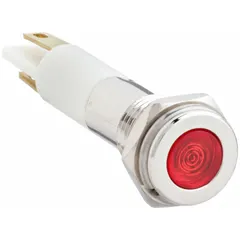 This LED indicator pilot light provides a red visual status signal for industrial control panels and machinery. It features a flush head design for space-constrained installations and a 0.11 Male Quick Disconnect electrical connection for simplified wiring. The unit mounts in a 5/16 in panel hole.