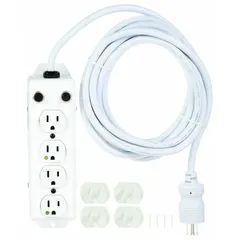 This healthcare power strip features 4 outlets, a 15 ft cord, and 15 A current rating. It is UL 1363A listed for use in patient care areas. The white housing measures 1 1/2 in wide and includes keyhole mounting for secure attachment to walls or equipment carts. Plug type is 5-15P.