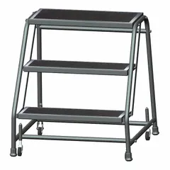 Steel rolling step stool with three steps and a 2.4 ft standing height. Supports up to 450 lb. Equipped with four swivel casters for mobility in warehouses, retail, and industrial environments. Gray rectangular frame.