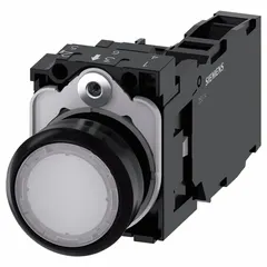 This Siemens illuminated push button is a momentary-action, flush-mount control device from the 3SU series. It features a non-metallic construction with a 22 mm mounting diameter and 1NO/1NC contact configuration. Typical applications include start/stop and signaling functions in industrial control panels and automation systems.