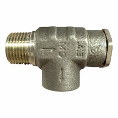 Non-code pressure relief valve for air, inert gas, and liquid systems. Features a brass body with 3/4 in male NPT inlet and 1/2 in female NPT outlet. Fixed, nonadjustable setting with maximum operating pressure of 75 psi. Suitable for overpressure protection on compressors, tanks, and piping.
