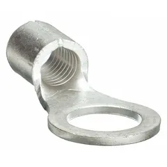 Bare (non-insulated) ring terminal with a 3/8 in stud size, accepting 6 AWG wire. Rated for 600 V. Suitable for high-temperature or tight-clearance applications where insulation is not required, such as industrial control panels, motor connections, and power distribution systems.