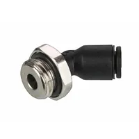 BSPP x Push-to-Connect elbow fitting for 12 mm OD tubing. Nylon and nickel-plated brass construction with 46 mm overall length. Used in pneumatic systems to connect tubing to threaded ports in space-constrained layouts