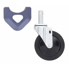 Swivel caster with a 5-inch solid rubber wheel and steel frame. Mounting height is 6 3/32 inches. Suitable for mobile storage applications in commercial and institutional settings.