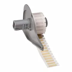 Precut label roll with polyimide material and permanent adhesive, measuring 21/32 in x 13/64 in. Compatible with BMP71 printer series. Suitable for industrial labeling in environments requiring resistance to high temperatures and chemicals, such as circuit board and equipment identification.
