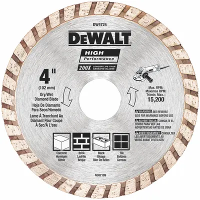 DEWALT Diamond Saw Blade: Masonry, 4 in Blade Dia., 5/8 in_7/8 in Arbor Size, Dry - Concrete & Asphalt-Cutting Blades