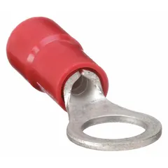 Red vinyl-insulated ring terminal for #10 stud size, accepting 22 AWG to 16 AWG wire. Rated 600 V. Funnel entry aids wire insertion. Used for terminating wires to studs in electrical panels and equipment.