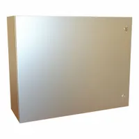 This 316 stainless steel enclosure measures 24 x 30 x 10 inches and is rated NEMA 12/13/3R/4/4X. It features a 1/4-turn latch closure and is hinged. Knockouts are not included. Suitable for protecting electrical controls and instrumentation in environments requiring corrosion resistance and watertight sealing