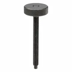 This knurled-head hand knob screw features a dog-point tip for secure locating and holding in workholding applications. The 1/4"-20 thread has a 2 1/4 in thread length. The knurled head enables tool-free manual adjustment and tightening.