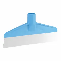 This VIKAN floor scraper features a 1 1/4 in stainless steel blade with solid perforation, designed for removing debris from tables and floors in food processing and commercial kitchens. It is FDA compliant and supplied without a handle. Overall length is 1 1/4 in.