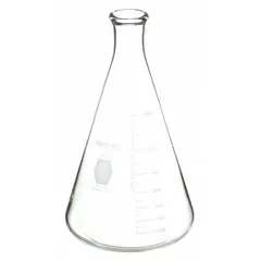 This 4 L conical flask is made of colorless glass meeting USP Type I specifications. It is compatible with stopper size 12 and is used for mixing, heating, and storing liquids in laboratory settings.