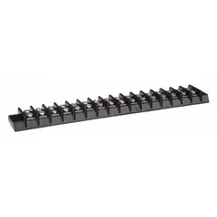 This surface mount barrier strip provides 16 poles for organizing wire connections in control panels and electrical enclosures. It accepts wire sizes from 22 AWG to 14 AWG and supports a maximum current of 15 A. No cover is included.