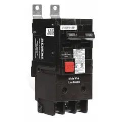 The Siemens BE215 is a 15 A, 2-pole, single-phase bolt-on miniature circuit breaker rated for 120/240V AC with a 10kA maximum AIR rating. It provides ground fault equipment protection and is designed for use with Siemens P1 panelboards in commercial and industrial electrical distribution systems.