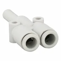 This push-fit wye fitting from SMC is made of white polybutylene terephthalate and accommodates 6 mm OD tubing on all three ports. It is used to create a three-way branch in pneumatic or fluid systems, splitting or combining flow from one line into two. Typical applications include automation, packaging, and material handling systems where compact, leak-free connections are required