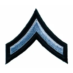 Embroidered rank insignia patch denoting Private First Class. Measures 3 inches, constructed from a polyester/rayon blend in black and gray. Suitable for uniform identification and compliance in military and public security contexts.