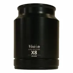 This objective lens provides 8X optical magnification for fixed stereo microscopes. It features a 60 mm working distance, offering clearance for manipulating components during inspection and assembly tasks. Compatible with VISION ENGINEERING models MPH001, MPH003, MRH001, and MRH002.