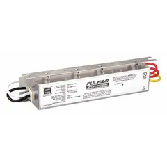 Instant start electronic ballast for fluorescent lamps. Supports 1 or 2 F15T8 lamps at 120V AC. Overall length 5 1/2 inches, width 1 inch. Used in troffers, strip lights, and signage.