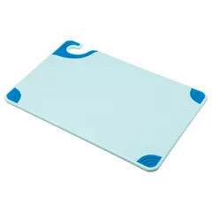 This SAN JAMAR Saf-T-Grip cutting board is made of co-polymer material in blue, measuring 18 inches in length and 12 inches in width. NSF Certified, it is suitable for food preparation in commercial kitchens and food service environments where sanitation and color-coded cutting boards are used to help prevent cross-contamination.