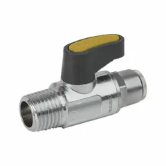 Brass two-piece straight ball valve with 3/8-inch push x push connections and a locking lever handle. Used for on/off flow control in low-pressure water, air, and non-corrosive fluid systems. Supplied in a 25-pack.