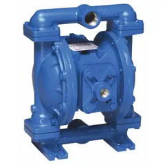 This aluminum-housed air-operated double-diaphragm pump has 1-inch NPT connections, delivers up to 45 gpm, and generates a maximum head of 289 ft. Wetted components include PTFE seats, PTFE check valves, and PTFE diaphragms with Santoprene backing. It is suited for transferring water, chemicals, and slurries in industrial fluid-handling applications.