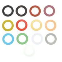 13-piece arbor shim set with 2 in inside diameter and 2.75 in outside diameter. Plain plastic shims are color-coded for thickness identification. Used for axial spacing and alignment of components on shafts and arbors in industrial machinery. Thickness tolerance +/-5%, inside diameter tolerance +0.015/-0.000 in