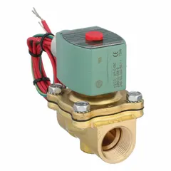 This REDHAT solenoid valve is a 2-way, 2-position normally closed valve with a 3/4 in pipe size. It operates on 240V AC and features a watertight coil enclosure. Suitable for on/off control of liquids or gases in industrial piping systems.