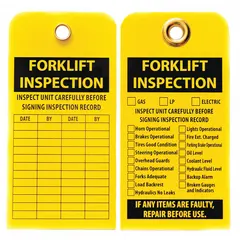 Yellow plastic rectangular forklift inspection tag, 5-3/4 in high by 3 in wide, 0.055 in thick. Pack of 10. Used for documenting daily safety inspections on forklifts and other industrial vehicles.