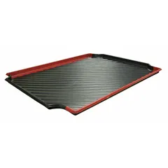 This spill tray is designed for use with high-durability stationary plastic shelving. It captures drips and leaks from stored containers, helping maintain a clean and safe work environment. Made of black/red High Density Polyethylene (HDPE). Dimensions: 24 in x 30 in x 1 in.