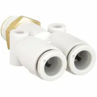 SMC KQ2U07-03AS is a polybutylene and brass push-fit wye fitting in white. It has a 1/4 in pipe size. This fitting is used to branch pneumatic or fluid lines, enabling efficient routing in industrial systems
