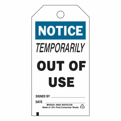 BRADY Tag: Notice, 3 in Wd, 5 3/4 in Ht, Black/Blue/White, Rectangle, Polyester - Safety