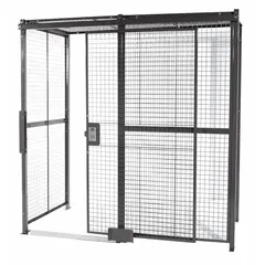 This woven-wire security enclosure measures 10 ft wide by 10 ft deep by 10 ft high and includes a ceiling panel. It features a sliding door with a keyed different cylinder lock and is finished in gray enamel. Suitable for securing inventory, tools, or equipment in industrial facilities, it is designed for outdoor use.