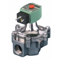 This REDHAT solenoid valve is a 2-way, 2-position normally closed type with a 1-1/2 inch pipe size. It operates on 120V AC voltage and is designed for high-flow DIN applications. Suitable for on/off control of water, air, and light oil in industrial fluid systems.